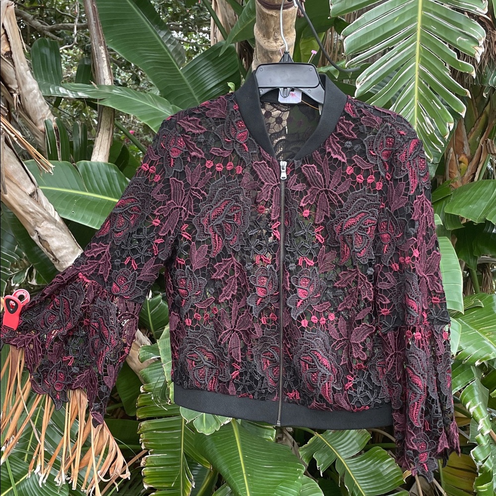 Sheer lace zip front bomber jacket with bell sleeves